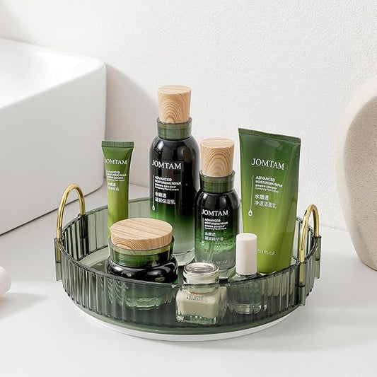 Rotating Makeup Organizer for Vanity, Skincare Make Up Tray for Bathroom Counter, Clear Perfume Storage Cosmetic Display Case Holder 360 Spinning(Green)