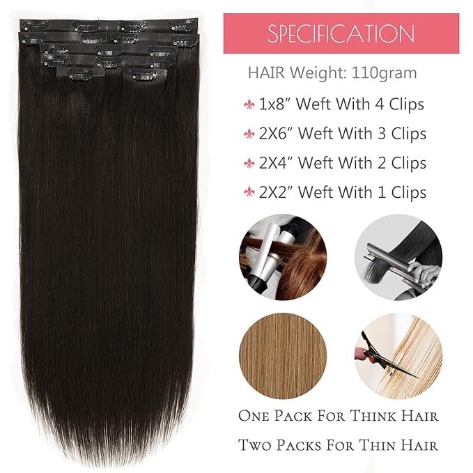 Loxxy Seamless Hair Extensions Clip in Human Hair For Women Ultra-Invisible PU Weft Clip On Hair Extensions Natural Black #1B Color 14inch 7 Pieces Thick Seamless Clip in Hair 110gram