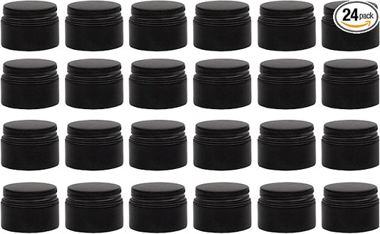 Darware 15-Milliliter Glass Balm Jars (24-Pack, Black); 1/2 oz Tiny Cosmetic Jars with Lined Black Metal Lids
