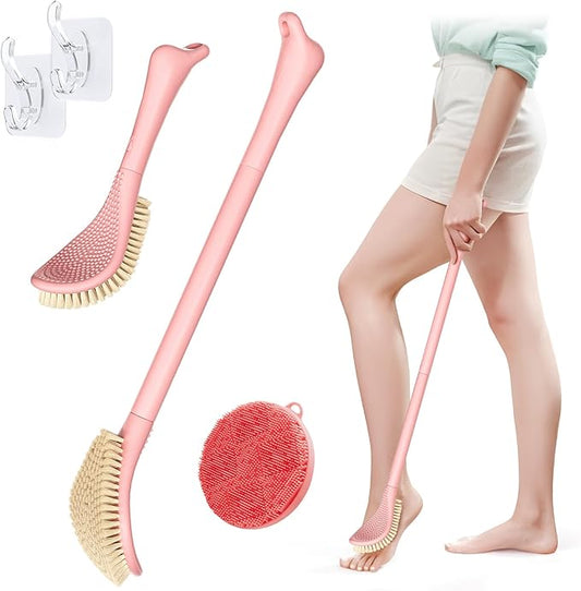 New Foot Brush for Shower, 3-in-1 Foot Scrubber for Wet or Dry Brushing, 10.2’’-27.5’’Adjustable Feet Scrub Brush and Silicone Body Scrubbers Set, Gift-Box Packaged(Pink+Body Scrubber)