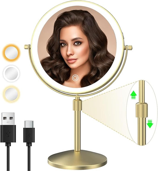 8" Lighted Makeup Mirror, 1X/10X Magnification Mirror with Lights, Double Sided Dimmable Mirror, Rechargeable & Brightness & Height Adjustable, Cordless Vanity Mirror(Gold)