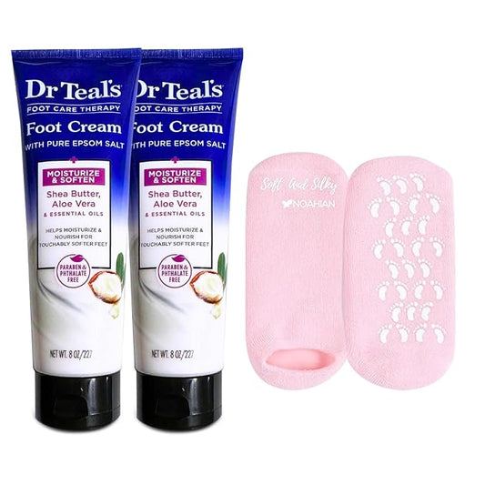 Pure Epsom Salt Foot Cream Gift Set (2 Pack, 8oz Each) - Foot Lotion with Shea Butter & Aloe Vera Essential Oils, Bundled with NOAHIAN Soft and Silky Gel Socks