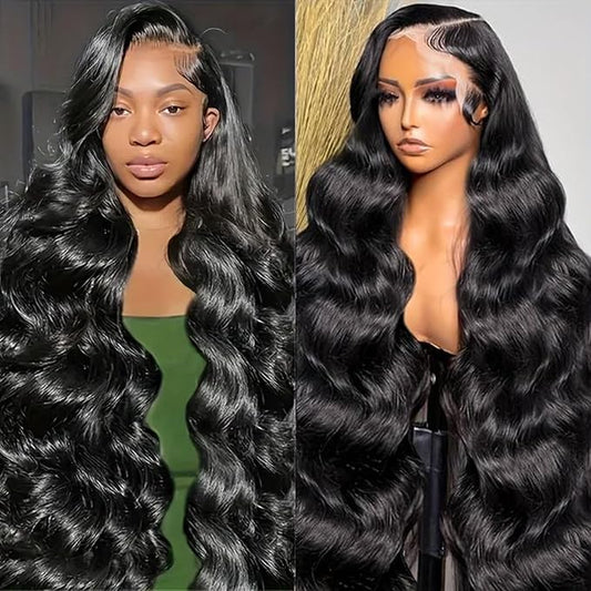 13x6 Lace Front HD Wigs Human Hair 210 Density Body Wave Pre Plucked 28 Inch Black Wig