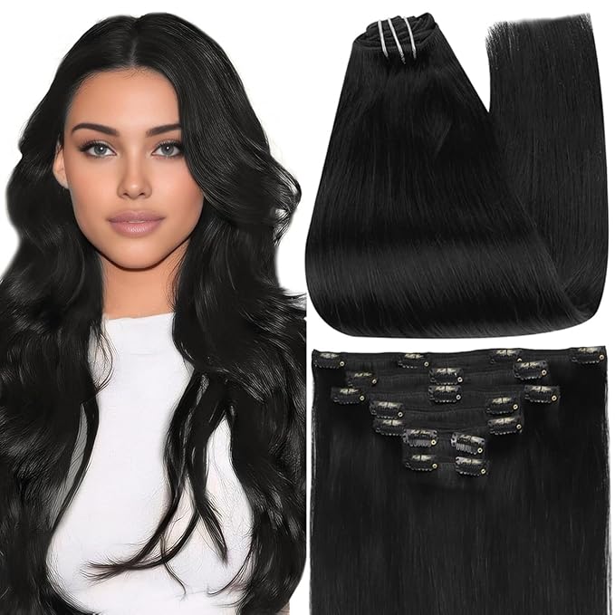 Full Shine 26 Inch Clip in Hair Extensions Black Real Human Hair Invisible Long Clip in Human Hair Extensions Soft Straight Black Hair Extension for Women 7 Pcs 150 G
