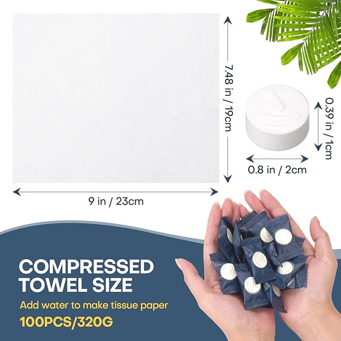 Compressed Disposable Face Towel Cleaning Kit 100pcs,Portable & Compact Travel Size Towel Wash Cloth Cotton Wipes Tablets Coin Tissue Towelettes for Hotel Camping Backpacking Hiking(Dark Blue)