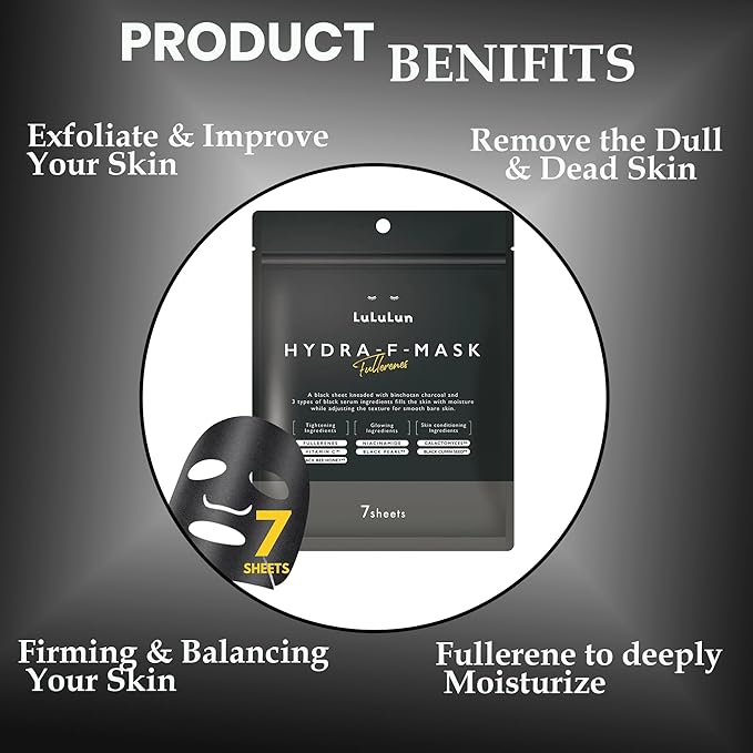 Lululun 21EA Black Facial Sheet Mask, Hydrating & Moisturizing Face Masks with Smoothing Organic Extracts, Japanese Daily Skincare for Dry Skin, Hydra F