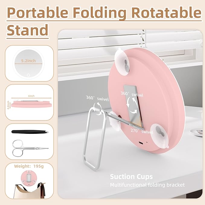 10x Magnifying Mirror with Light Large 6'' Lighted 10x Magnified Mirror with Suction Cups & Table Stand, 3 Color Modes Dimming High Magnification Travel Makeup Mirror with Tweezers & Scissors