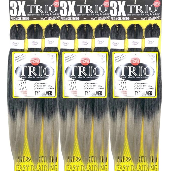BNG 3X Pre-Stretched Braiding Hair, 28" Professional Itch Free Synthetic Fiber Braids Hair Extensions for Easy Braid, 3 PACKS (9 bundles), (#T1B/Silver Off Black/Silver)