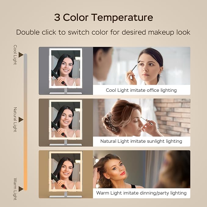 Vanity Mirror with Lights, Lighted Makeup Mirror with 3 Color Modes, Dimmable Light, Hollywood Vanity Makeup Mirror with Smart Touch Control, Gift for Teen Girl/Women (12in. White)