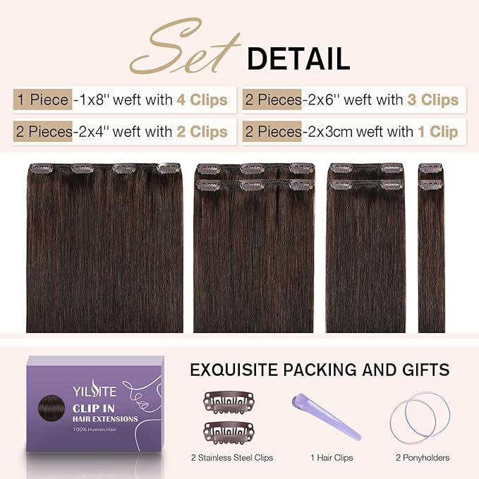 YILITE Clip in Hair Extensions Real Human Hair 20 Inch 80g 7pcs #2 Dark Brown Hair Extensions Human Hair Clip in Extensions Soft Double Weft Straight Hair Extensions for Women 16clips/Pack