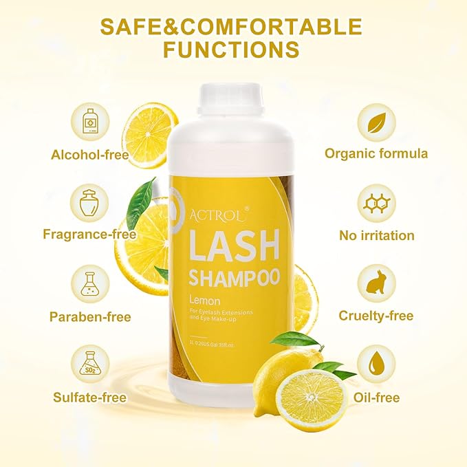 Eyelash Extension Cleanser Lemon 1L Natural Lash Extension Shampoo Professional Eyelid Foaming Cleanser Paraben & Sulfate Free Non-lrritating with Salon and Home Care
