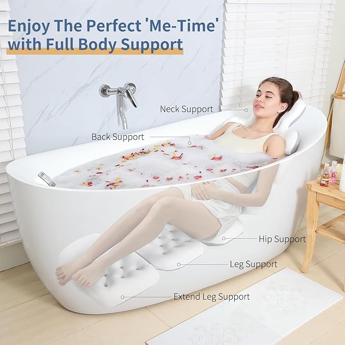 Luxury Bath Cushion, Full Body Bathtub Pillow with 230 Suction Cups, Bath Mat for Head and Neck Support, with Laundry Bag (White, 60.2" x 16.2")