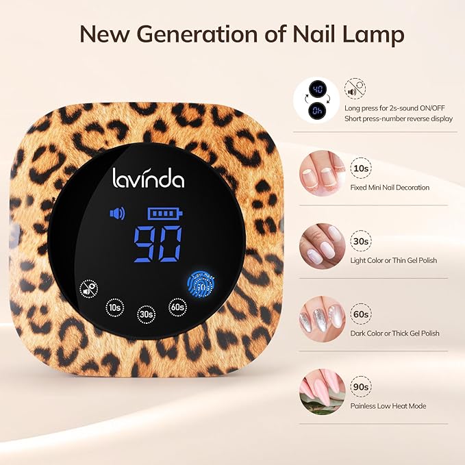 Lavinda LED Nail Lamp UV Light for Gel Nails 54W Cordless Rechargeable Nail UV Lamp Nail Light with 4 Timer, 2X Faster Professional Nail Polish Curing Lamp Nail Dryer for Salon Use-Leopard Print