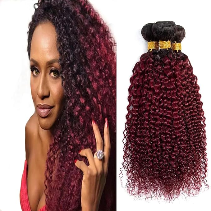 1B99j Curly Bundles Ombre Burgundy Kinky Curly Bundles Black and 99j Human Hair two tone Brazilian Human Hair Extensions Wet and Wavy for Women 22 24 26 Inch