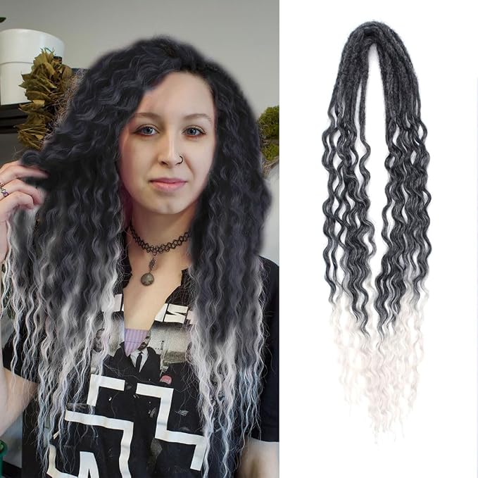 24 In Dreadlock Extensions Curly Ended, 10 Strands Ombre White Synthetic Double Ended Dreads Extensions, 100% Handmade Dreads Hippie Style Dreadlocks for Woman