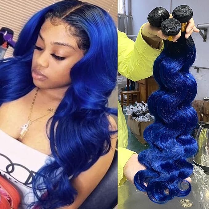SEXAYHAIR Bule Bundles 16Inch Brazilian 100% Human Hair 1b/Blue 1 Bundle Body Wave, 2 Tone Blue Ombre Virgin Hair 1Bundles Human Hair for Women(16inch blue)