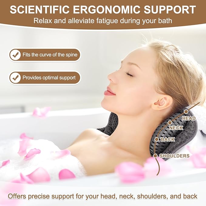 Bath Pillow for Tub, Bathtub Pillow for Head, Neck, Shoulder Back Support, Ergonomic Luxury Full Body BathPillow for Bathtub, 6 Strong Suction Cups and Hook, Spa, Bathroom Accessories,