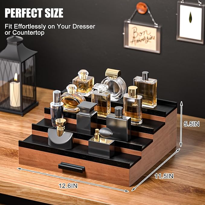 Sephyroth Cologne Organizer for Men – 4 Tier Perfume Display with Hidden Storage & Drawer, Elegant Perfume Storage Box, Durable Craftsmanship, Great Gift for Man (WalnutBlack)