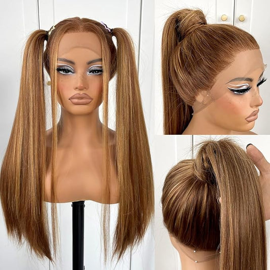 360 Highlight Ombre Lace Front Wig Pre Plucked Honey Blonde Long Straight HD Lace Front Wigs Yaki Synthetic Glueless Straight Lace Front Wig 32inch