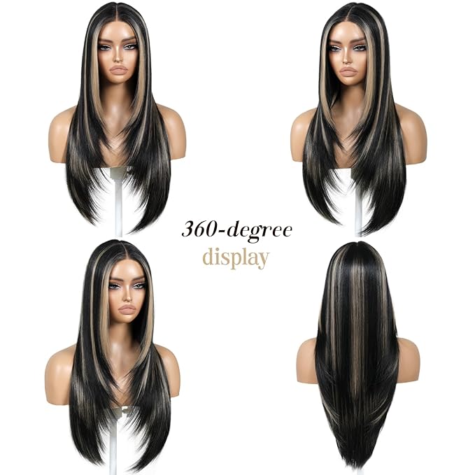 Black Wig With Bangs Wear and Go Glueless Synthetic Lace Front Highlight Wigs for Women Pre Plucked Pre Cut Layered Black and White Wig Ready to Wear Middle Part 26 Inch