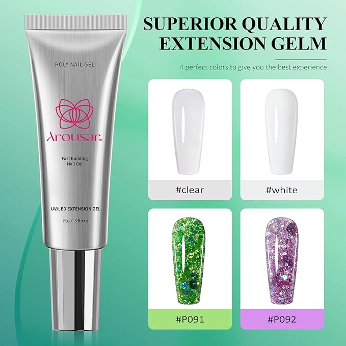 Poly Nail Gel Kit, 15ml*4pcs Nail Extension Gel, Clear White Builder Nail Gel with Top and Base Coat, Slip Solution, Nail Lamp&Drill, DIY Salon at Home for Beginner and Professional