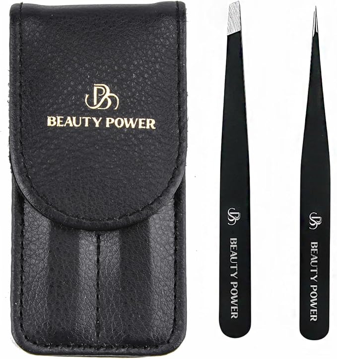 Professional Tweezers Set – Slant & Point, Ultra Precision German Stainless Steel Tweezers for Eyebrows, Chin, Ingrown Hair & Facial Grooming – Lightweight with Travel Case (Matte Black)