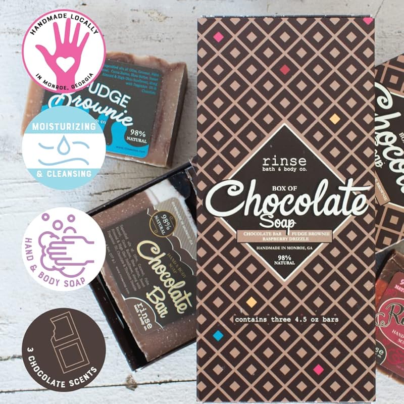 Rinse Bath & Body Box of Chocolate Soap - Handmade Natural Mothers Day Spa Soap Gift | Fudge Brownie, Chocolate & Raspberry | Moisturizing & Cleansing | Shea & Cocoa Butter w/Almond Oil | 12.75oz