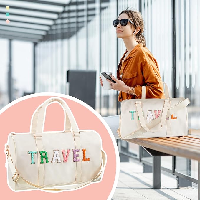 2 Pcs Preppy Chenille Letter Duffle Bag and Makeup Pouch, Travel Tote Bag Cosmetic Zipper Patch Makeup Bag (Nude)