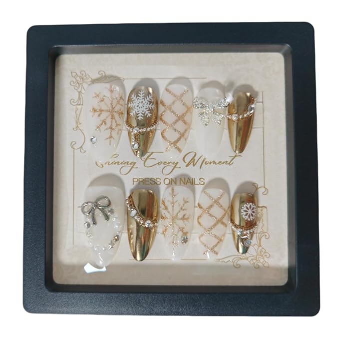 Almond Press on Nails Handmade Medium Long/Stiletto 3D Flower Fake Nail with Designs, Women Reusable False Nails (Metallic Golden, L)