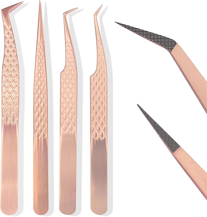 Fiber Tip Lash Tweezers For Eyelash Extension 4 Pcs Tweezers Professional Artist Tech Work Kit Tools,Best Volume Eyelash Lashes Extensions Precision Supplies Volume Boot 90 45 Degree(Rose Gold)