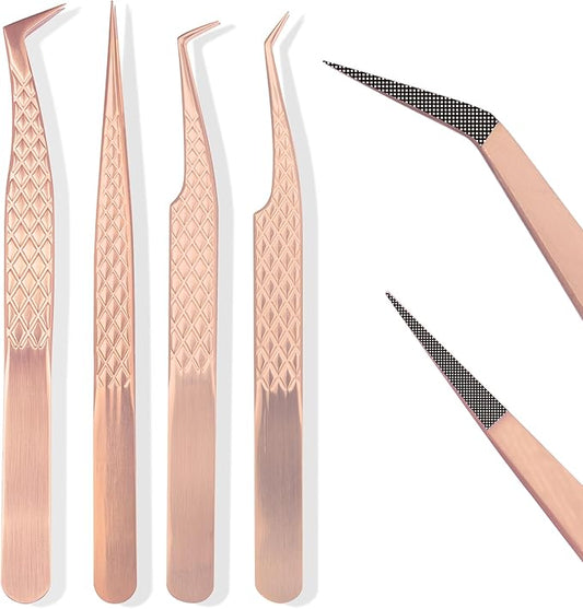 Fiber Tip Lash Tweezers For Eyelash Extension 4 Pcs Tweezers Professional Artist Tech Work Kit Tools,Best Volume Eyelash Lashes Extensions Precision Supplies Volume Boot 90 45 Degree(Rose Gold)