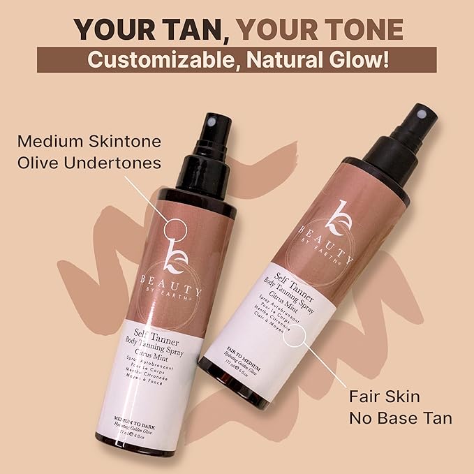 Self Tanner Spray - USA Made with Natural & Organic Ingredients, Fast Drying Spray Tan for Pale Skin, Non Toxic Gradual Tanning Spray, Sunless Tanning Water for Women & Men, Fair to Medium