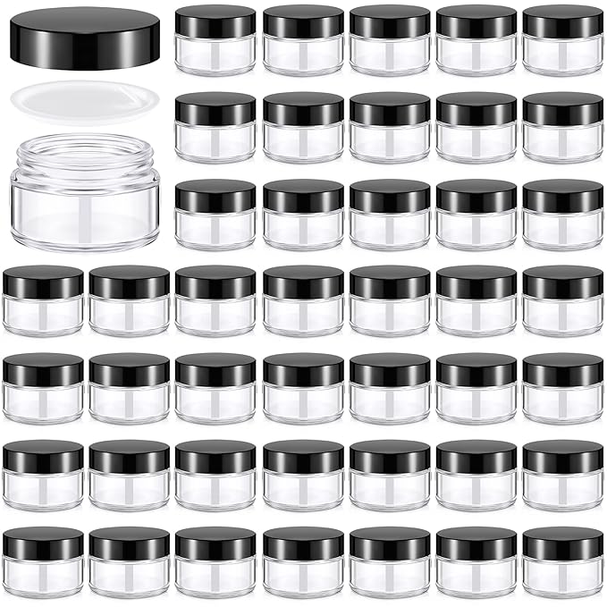 Domensi 60 Pcs 1oz Glass Jars with Lids Bulk Salve Tins Small Glass Candle Cosmetic Jars for Travel with Inner Liners Containers for Lotions Sample Cream(Clear, Black Lid)