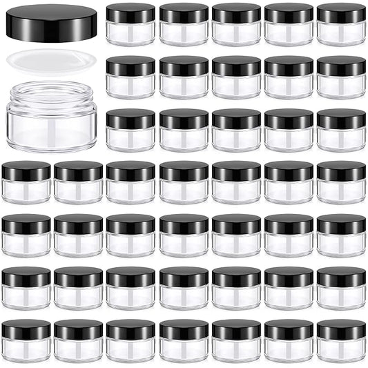 Domensi 60 Pcs 1oz Glass Jars with Lids Bulk Salve Tins Small Glass Candle Cosmetic Jars for Travel with Inner Liners Containers for Lotions Sample Cream(Clear, Black Lid)