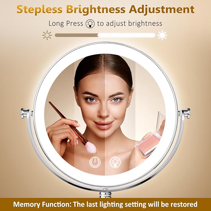 8" Lighted Makeup Mirror,1X/10X 4000mAh Rechargeable Double Sided HD Magnifying Mirror with 3 Colors Stepless Dimming,360°Rotation Touch Screen Vanity Mirror with Memory Function,Women Gift