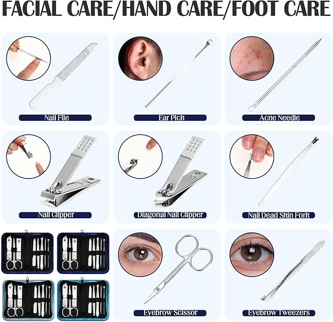 Coume 24 Sets Nail Kit Manicure Set Bulk with Zipper Professional Nail Clippers 8 in 1 Stainless Steel Nail Care Tools with Luxurious Travel Case Gifts for Men Women Friends Colleagues (Blue Series)