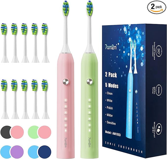 7AM2M Rechargeable Sonic Electric Toothbrush 2 Pack, Soft Toothbrushes for Adults and Kids with 12 Brush Heads, IPX7 One Charge Use for 60 Days, 5 Modes with 2 Minutes Build in Smart Timer