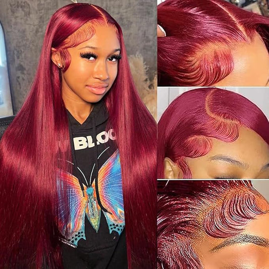 13x4 Straight Lace Front Wigs Human Hair 26 Inch 200 Density 99j Burgundy Lace Front Wigs Human Hair Glueless Wig Pre Plucked Wine Red Colored Lace Frontal Wigs for Women