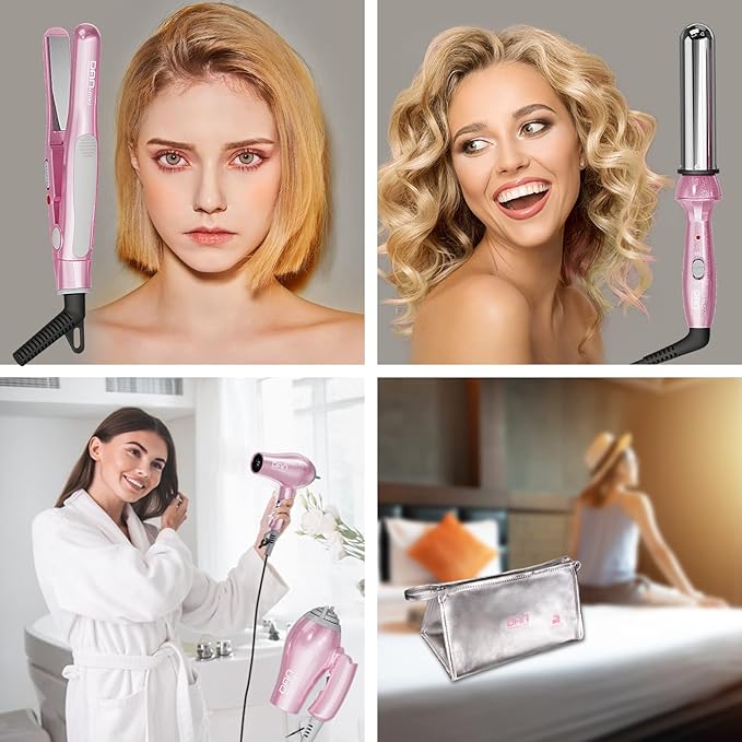 DAN Technology Hair Styling Set, Including Travel Hair Dryer, Mini Flat Iron, and Travel Curling Iron with European Plug, Dual Voltage, Portable Storage Bag, Pink