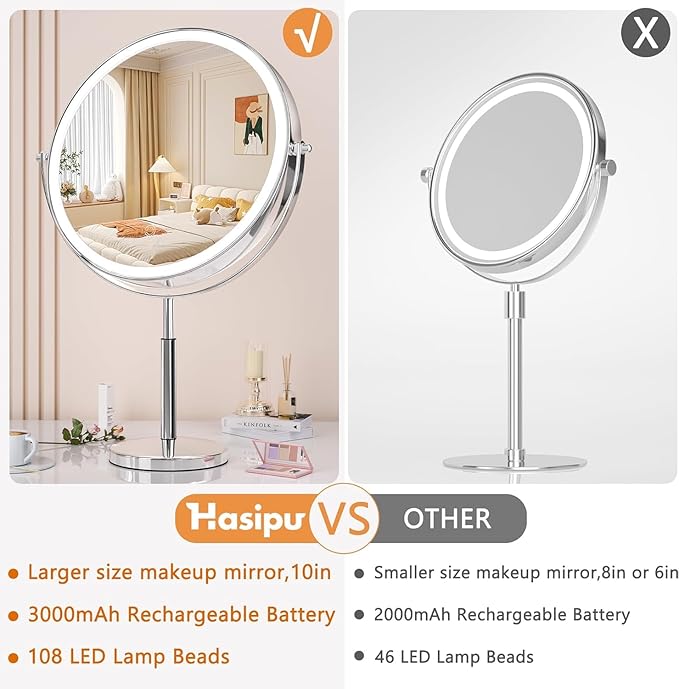 Hasipu 10-inch Lighted Makeup Mirror with Magnification, Rechargeable 3000 mAh Vanity Mirror with Lights, Desk Mirror with Dimmable Brightness, 3 Lighting Modes, Height Adjustment, Black