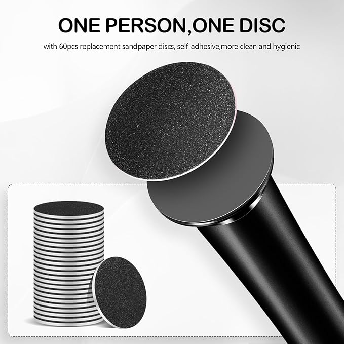 Rechargeable Metal Electric Foot File Callus Remover, Grinder Tool for Feet Dead Skin Professional Pedicure Wand Heel Scraper with 60pcs Replacement Sandpaper Discs (Black)
