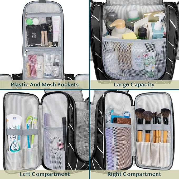PAVILIA Extra Large Toiletry Bag Travel Bag for Women Men, Hanging Cosmetic Organizer, Water Resistant Makeup Bag for Accessories Toiletries, Travel Essentials Kit (Black Chevron)