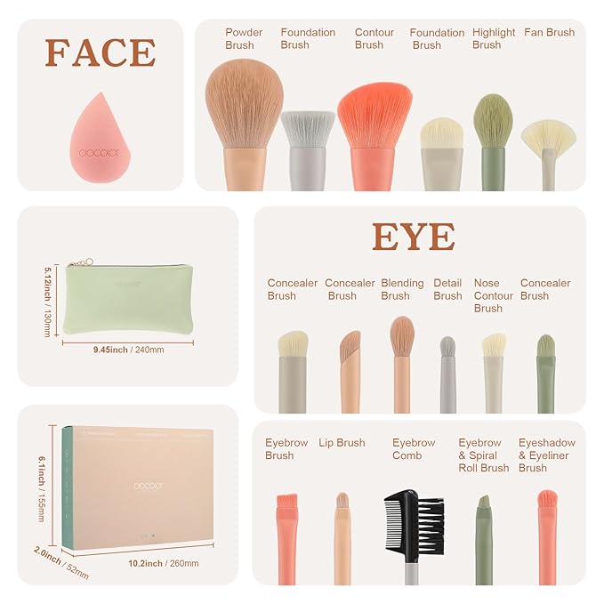 Docolor Makeup Brushes 17 Pcs with Makeup Bag and Makeup Sponge and Brush Protector Morandi Makeup Brush Set Premium Synthetic hair makeup brush Wooden handle Gift Box