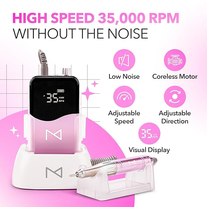 M Mase- Professional Nail Drill Machine - 2-in-1 Nail File - Cordless, 35000 RPM, HD Display - Gift for Her - Electric Nail Drill for Professional & Home Use (Unicorn Pink)