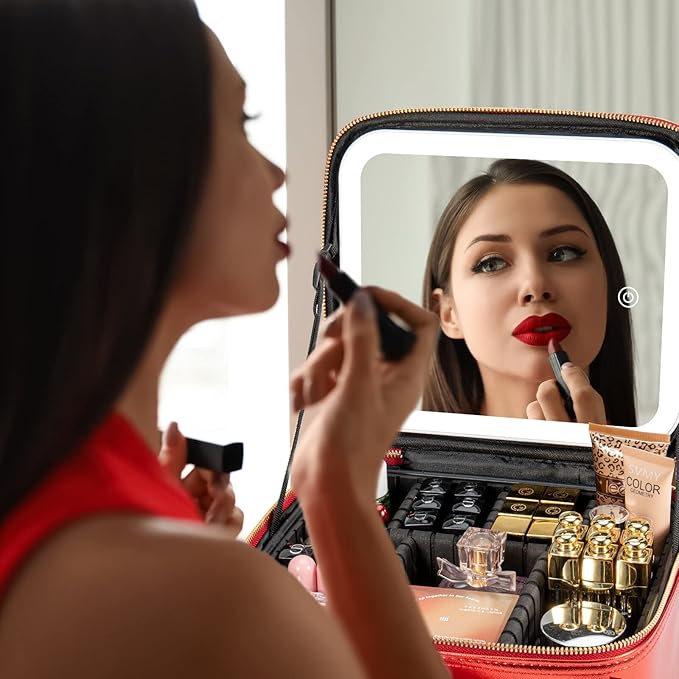 Makeup Travel Train Case with Mirror LED Light 3 Adjustable Brightness Cosmetic Bag Portable Storage Adjustable Partition Waterproof Brushes Make up Jewelry Gift for Women
