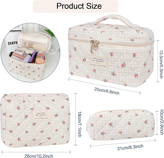 3Pcs Cotton Quilted Makeup Bag for Women Girls, Large Floral Cosmetic Bag Set Cute Makeup Brushes Aesthetic Accessories Storage Bag Flower Travel Toiletry Bag Organizer