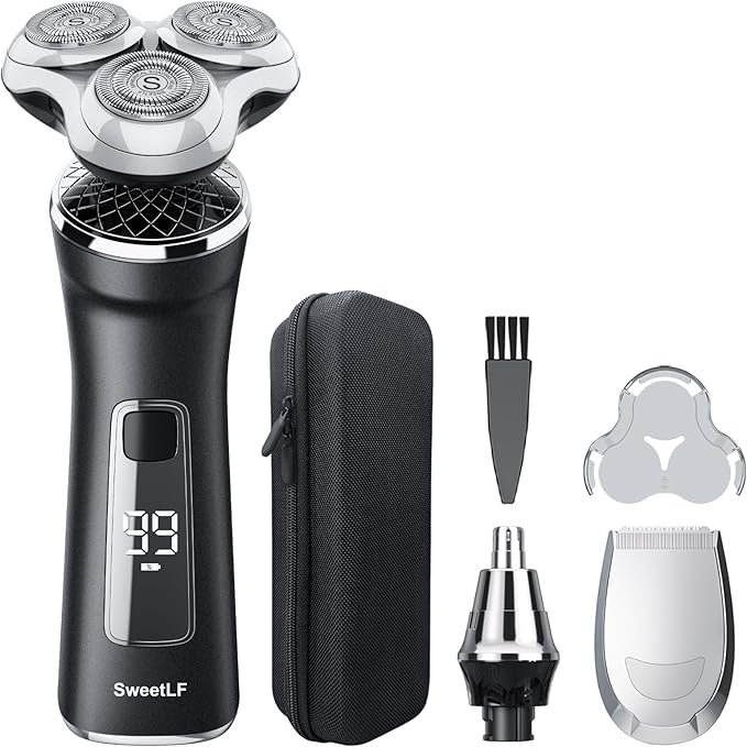 Electric Razor for Men with Travel Case, SweetLF 100% Waterproof Electric Shaver,Wet Dry Shaving/Rechargeable/Sideburns/Trimmer/Nose Trimmer/Type C Charging Cable