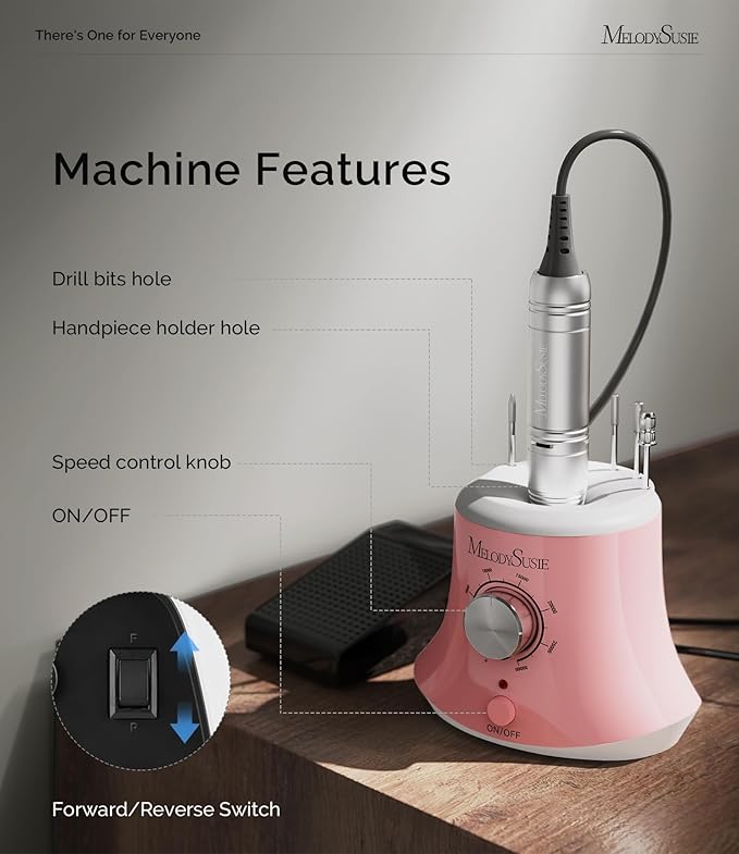 MelodySusie Electric Nail Drill with Foot Pedal, 30000RPM Professional Nail File Bits & Sanding Bands Kit for Acrylic & Gel Nails, Efile Nail Drill Set for Manicure Pedicure Polishing, Scarlet Pink