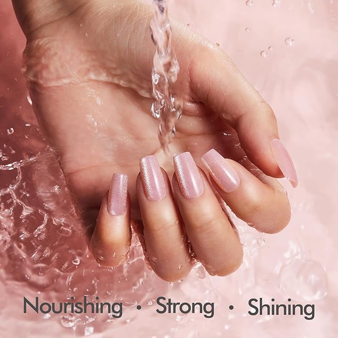 VSALON Short Coffin Press-On Nails - Pink Cat Eye Glue on Nails, Reusable Fake Nails with Nail Glue, Protector Cuticle Oil, Adhesive Tabs & Mini Nail File - 32 PCS in 16 Sizes (Pink Fantasy)