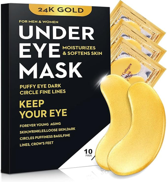 20Pcs/10Pairs Under Eye Patches Gold for Dark Circles, Puffy Eyes, and Wrinkles, 24K Gold Eye Mask for Face, Eye Cream for Men and Women
